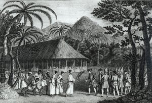 Kaptajn Samuel Wallis (1728-1830) bliver modtaget af dronning Oberea på Tahiti, fra "A Voyage to the Pacific Ocean" af James Cook (1728-79), graveret af John Hall (1739-97) (sw